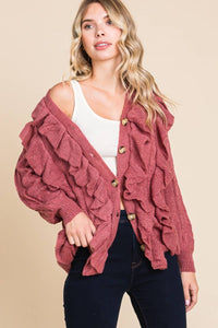 Mauve Button Up Cascade Ruffle Cardigan Sweater