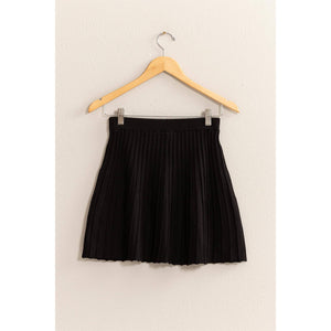 Black High-Waist Knit Pleated Flare Mini Skirt