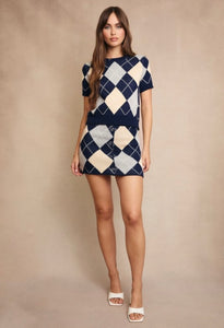 Navy Argyle Knit Sweater Top and Matching Skirt