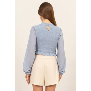 Dusty Blue Smocked Long Sleeve Ruffle Hem Top