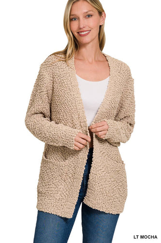 Lt Mocha Long Sleeve Popcorn Sweater Cardigan With Pockets