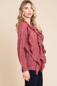 Mauve Button Up Cascade Ruffle Cardigan Sweater