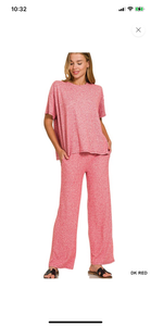 Dark Red Soft Melange Short Sleeve Tee & Long Pants Set
