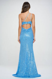 Blue One Shoulder Sleeveless Maxi Sequin Prom Dress