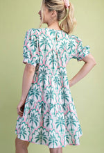 Green Palm Motif Puff Sleeve Mini Dress