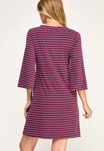 Wine Striped 3/4 Bell Sleeve Shift Dress