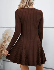 Chocolate Brown Ribbed Long Sleeve Skater Flare Dress