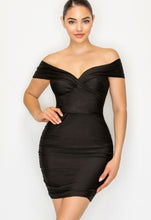 Black Satin Stretch Off Shoulder Mini Dress