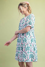 Green Palm Motif Puff Sleeve Mini Dress