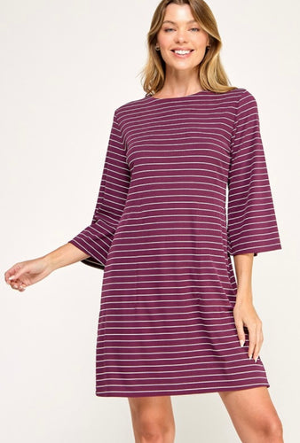 Wine Striped 3/4 Bell Sleeve Shift Dress