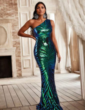 Green Contrast Sequin One Shoulder Maxi Prom Dress
