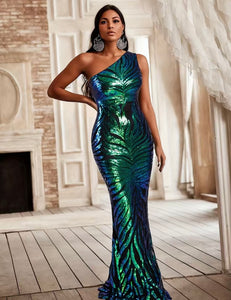 Green Contrast Sequin One Shoulder Maxi Prom Dress
