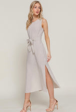Taupe/Black Sleeveless Striped Linen Effect Midi Dress