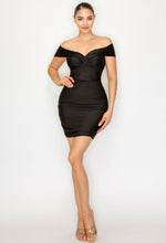 Black Satin Stretch Off Shoulder Mini Dress