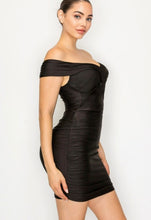 Black Satin Stretch Off Shoulder Mini Dress