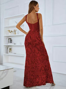Red Sequin Halter Mermaid Side Slit Maxi Prom Dress