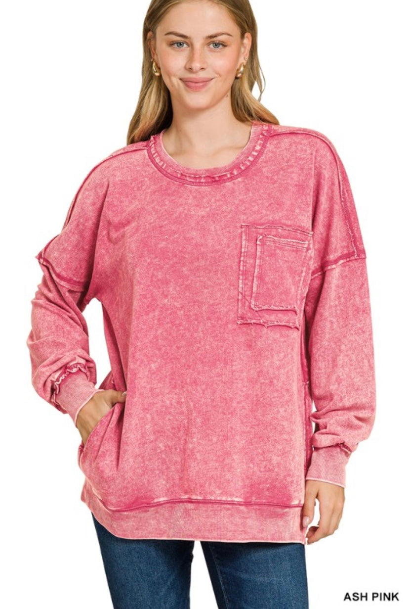 Ash Pink French Terry Acid Wash Front Pocket Pullover Sweatshirt