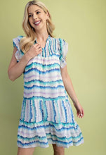 Blue Mix Dye Striped Smoked Yoke Flutter Sleeve Mini Dress