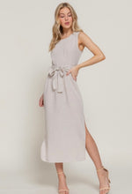 Taupe/Black Sleeveless Striped Linen Effect Midi Dress