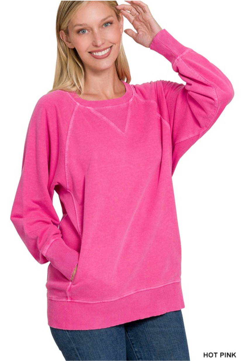 Hot Pink French Terry Pullover Sweatshirt with Pockets