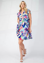 Blue Tiered V Neck Flutter Sleeve Collared Mini Dress