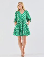 Green 3/4 Sleeve V-Neck Tier Raya Mini Dress