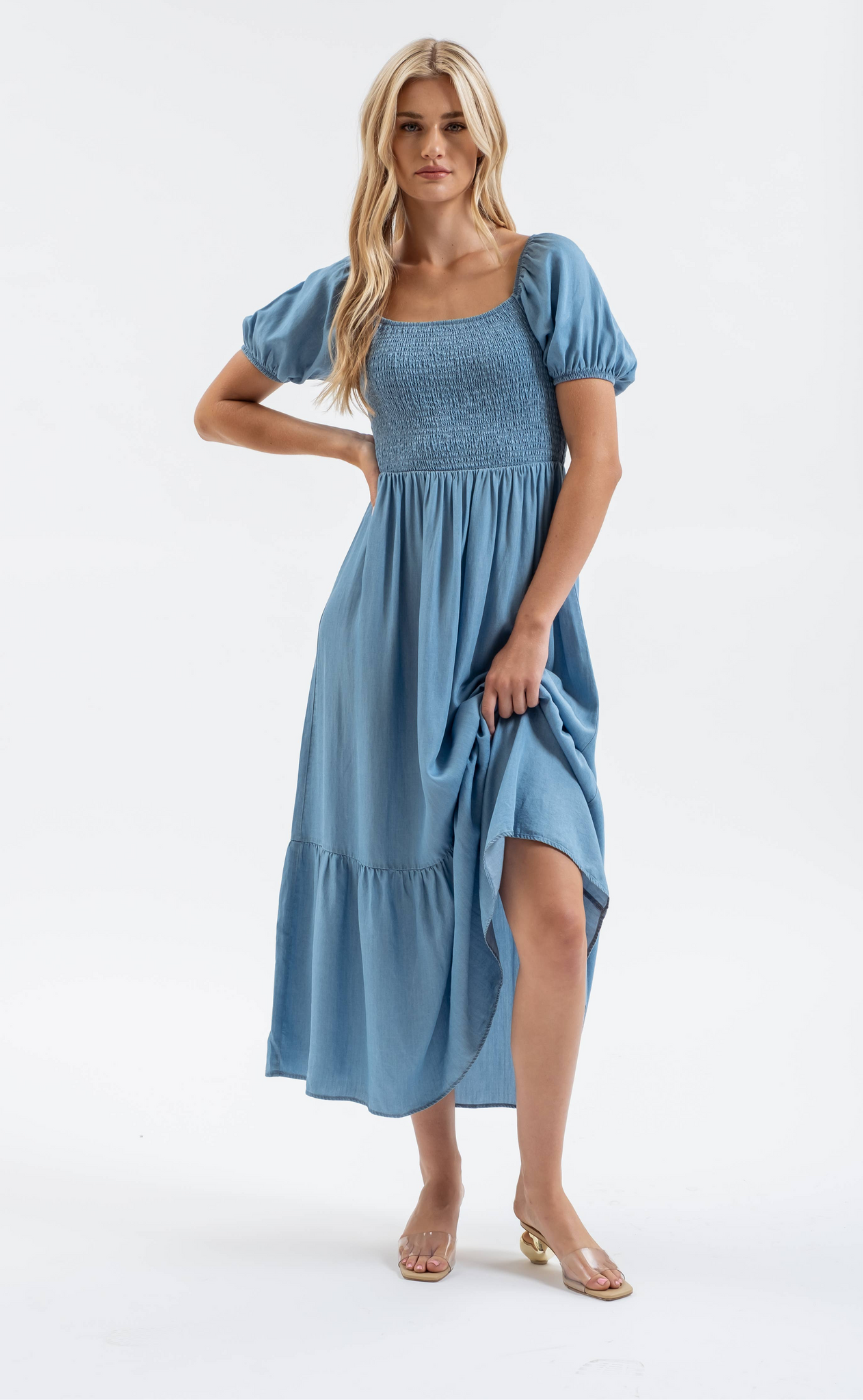 Chambray Smocked Puff Sleeve Midi Dress Pretty In Pink Boutique, LLC Chambray Smocked Puff Sleeve Midi Dress Pretty In Pink Boutique, LLC