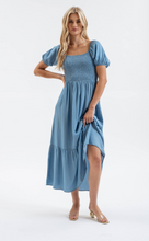 Chambray Smocked Puff Sleeve Midi Dress