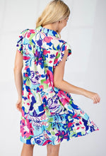 Blue Tiered V Neck Flutter Sleeve Collared Mini Dress