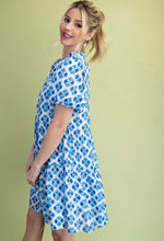 Blue Printed Puff Sleeve Mini Dress