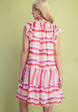 Fuchsia Mix Dye Striped Smocked Yoke Flutter Sleeve Mini Dress