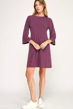 Wine Striped 3/4 Bell Sleeve Shift Dress