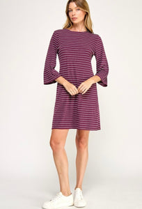 Wine Striped 3/4 Bell Sleeve Shift Dress