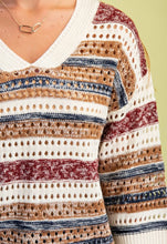 Burgundy Striped Crochet Knit Sweater