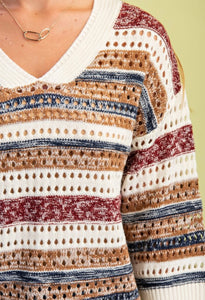 Burgundy Striped Crochet Knit Sweater