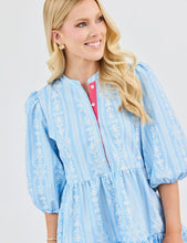 Multi Blue 3/4 Sleeves Tiered Striped Tulip Tapestry Dress