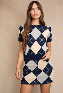 Navy Argyle Knit Sweater Top and Matching Skirt