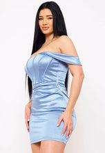 Light Blue Glitter Knit Satin Off The Shoulder Mini Dress