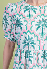 Green Palm Motif Puff Sleeve Mini Dress