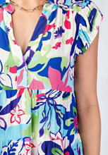 Blue Tiered V Neck Flutter Sleeve Collared Mini Dress