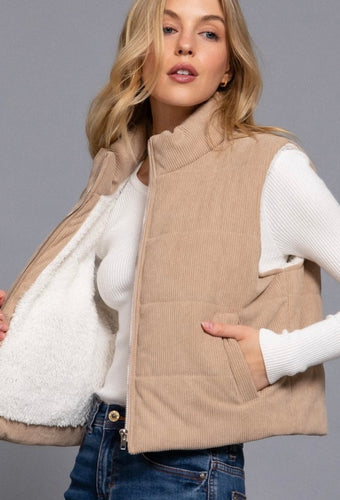 Taupe Corduroy Puffer Vest with Inner Faux Fur