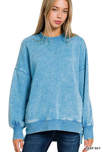 Deep Sky Acid Wash Hi Low Hem Pullover Sweatshirt