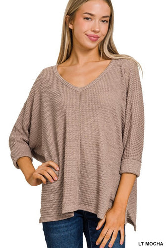 Lt Mocha 3/4 Sleeve Hi-Low Waffle Sweater