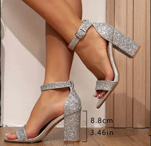 Silver Glitter Open Toe Block Heel Sandals