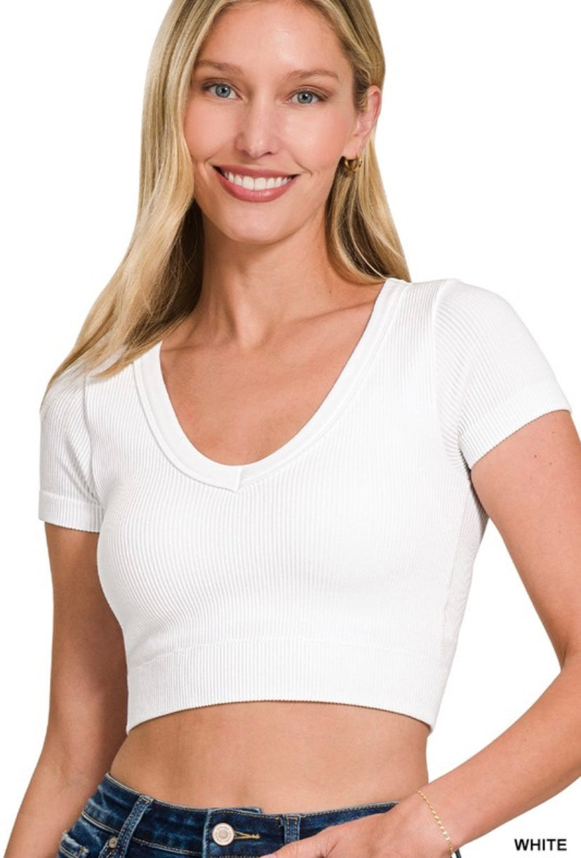 White Ribbed Double Layered Seamless Crop Top
