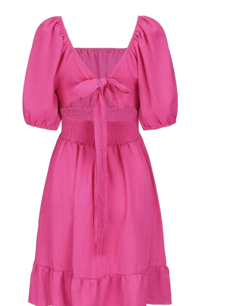 Hot Pink Puff Sleeve Bow Tie Back Dress Pretty In Pink Boutique, LLC Hot Pink Puff Sleeve Bow Tie Back Dress Pretty In Pink Boutique, LLC