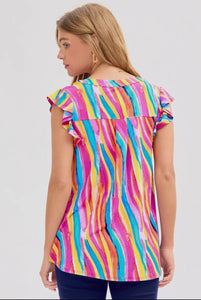 Rainbow Striped Flutter Sleeve Top