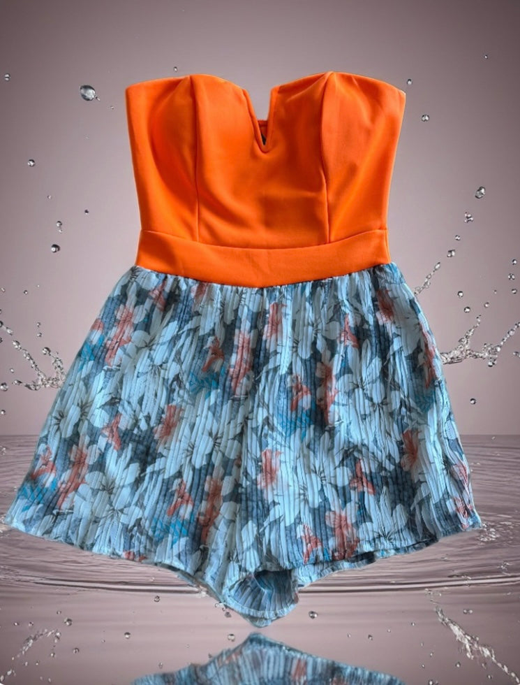 Neon Orange Sweetheart Neckline with Floral Pleated Shorts Romper