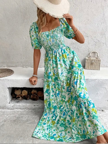 Green Multi Floral Smocked Tier Ruffle Maxi Dress