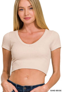 Sand Beige Ribbed Double Layered Seamless Crop Top